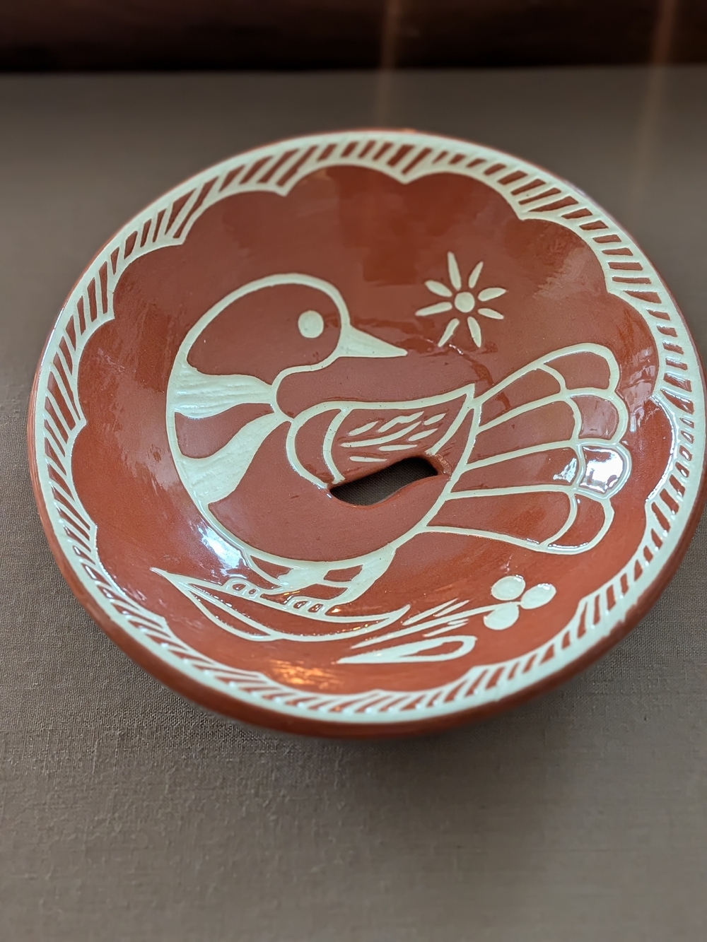Folk Art Authentic Vintage Pennsylvania Dutch Redware Sgraffito Dish